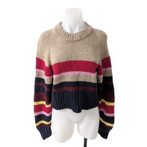 Current/Elliot Size 2 Cropped Sweater Tan Black Red Striped Wool Alpaca Blend